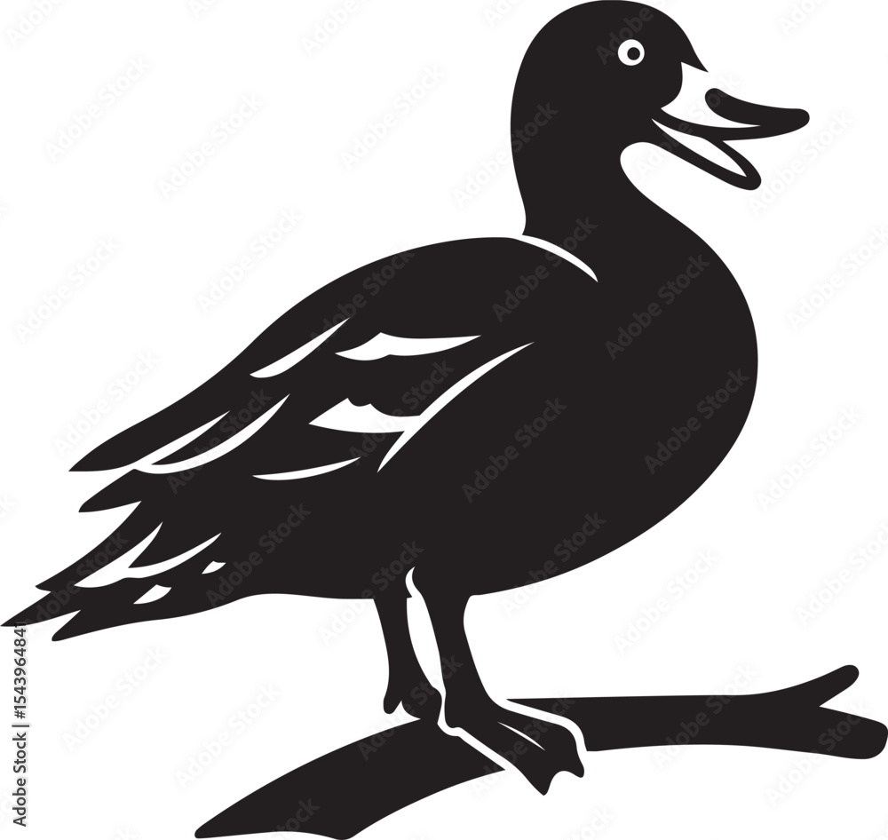 Obraz premium Duck perched silhouette nature theme, Waterfowl bird sitting black and white design