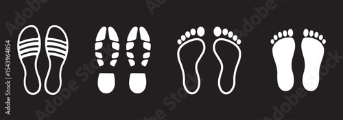 Transparent PNG available
Footprint icons set, barefoot silhouette, shoe sole imprint vector, walking steps symbol, footwear pattern design, black foot shape art, isolated walking icons, sole tracking