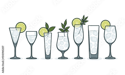 Modern vector illustration featuring unique cocktail glasses arranged in a single horizontal row, short tumbler, stemmed wine glass, lowball glass, coupe glass, tall highball glass, easily editable. 
