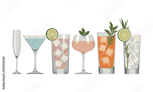 Modern vector illustration featuring unique cocktail glasses arranged in a single horizontal row, short tumbler, stemmed wine glass, lowball glass, coupe glass, tall highball glass, easily editable. 