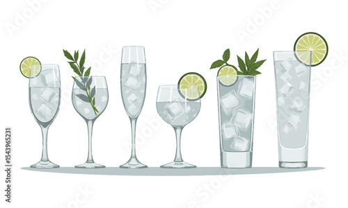Modern vector illustration featuring unique cocktail glasses arranged in a single horizontal row, short tumbler, stemmed wine glass, lowball glass, coupe glass, tall highball glass, easily editable. 