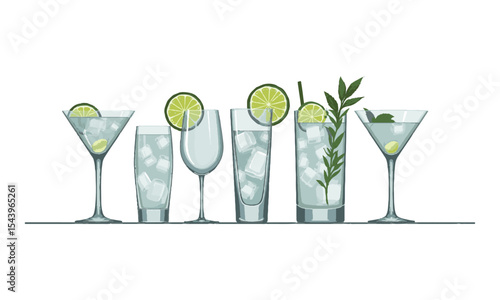 Modern vector illustration featuring unique cocktail glasses arranged in a single horizontal row, short tumbler, stemmed wine glass, lowball glass, coupe glass, tall highball glass, easily editable. 