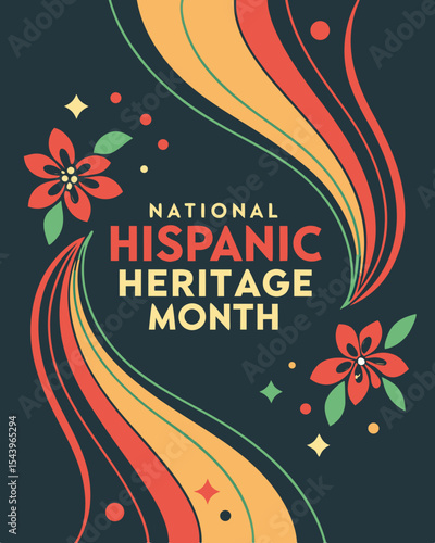 National Hispanic Heritage Month Poster with Colorful Swirls and Floral Motif, Cultural Celebration, Generative AI