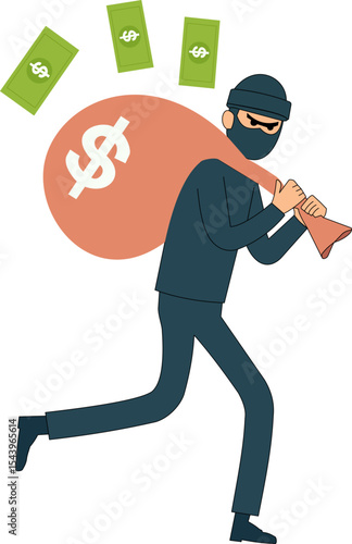 Cartoon vector of a thief in black outfit carrying a big money bag, in a sneaky pose with tense atmosphere.
