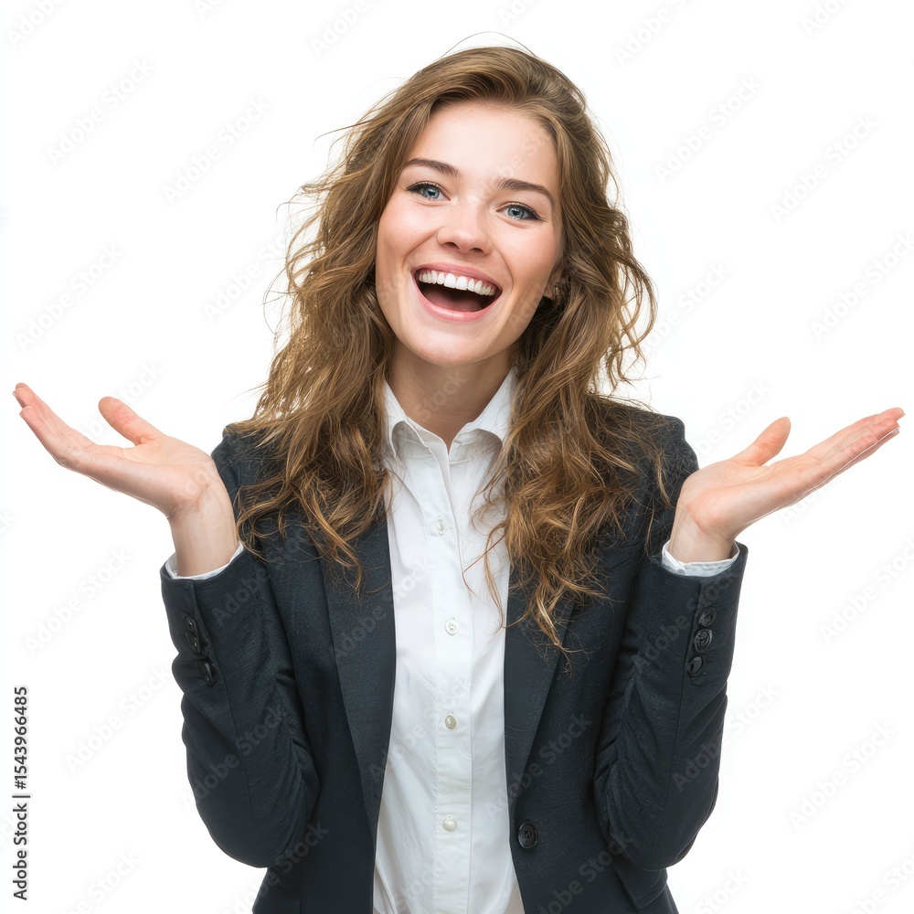 A smiling woman with curly hair wearing a blazer and dress shirt with her hands outstretched A smiling woman with curly hair wearing a blazer and dress shirt with her hands outstretched