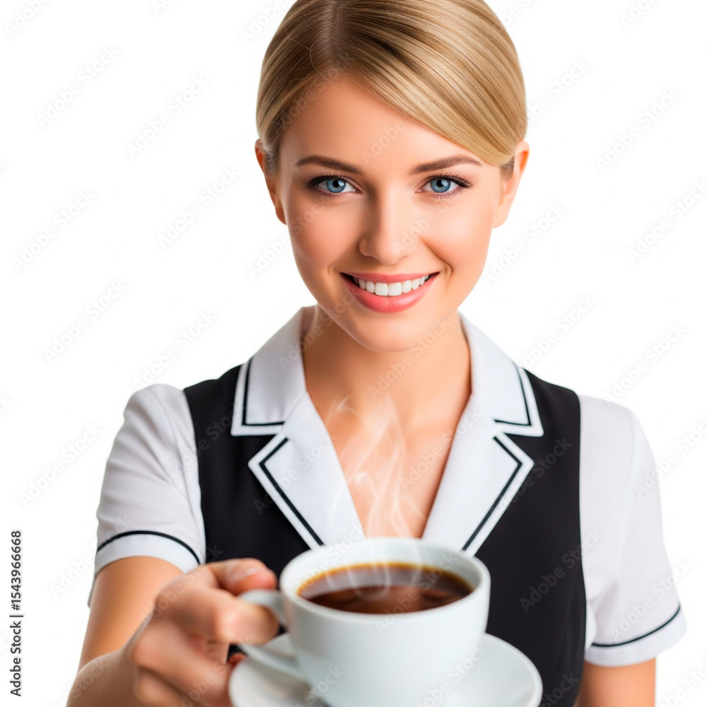 Close-up of smiling young blue-eyed waitress handing a cup of coffee to me on a white background. Close-up of smiling young blue-eyed waitress handing a cup of coffee to me on a white background.