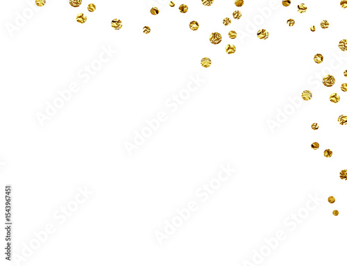 Scattered gold confetti in a corner arrangement isolated on white or transparent background