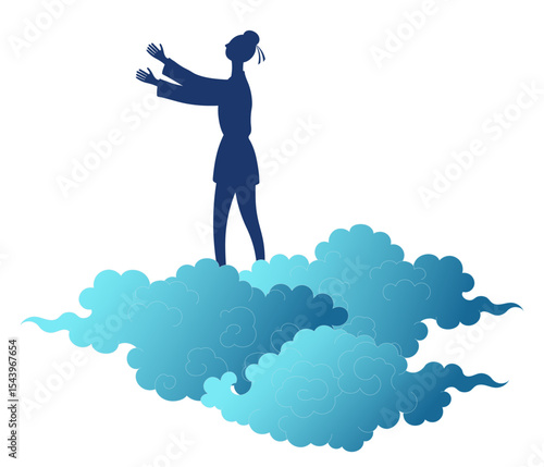 Qixi Festival, Tanabata cowherd, Hikoboshi on fluffy clouds silhouette illustration, isolated vector. Hand drawn flat style design. Traditional Chinese, Japanese holiday element. China Valentines Day