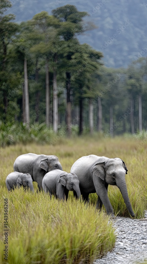 Naklejka premium Four Indian elephants roam through a vibrant green grass field, surrounded by thick forests, showcasing their natural habitat