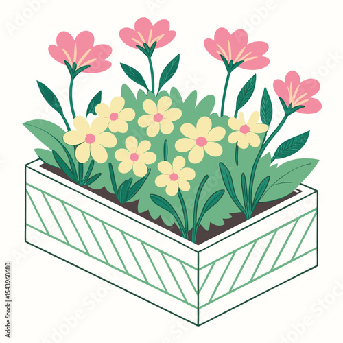 Charming pink and yellow flowers bloom within a modern planter box
