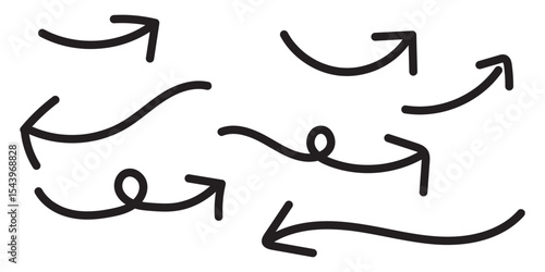 Set of curved hand drawn arrows Collection of curved hand drawn arrows. Arrow vector elements hand drawn arrows pen brush stroke curve arrow collection.