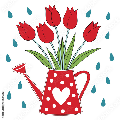 Red tulips fill a polka dotted watering can amid falling blue raindrops on white