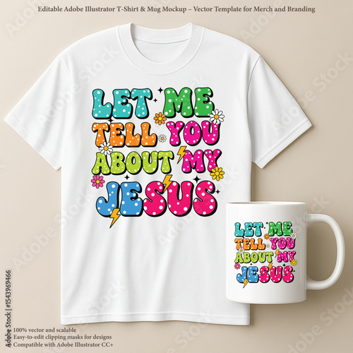 "Let Me Tell You About My Jesus – Colorful Christian Sublimation Bundle | T-Shirt & Mug Design for Faith-Based Expression"

