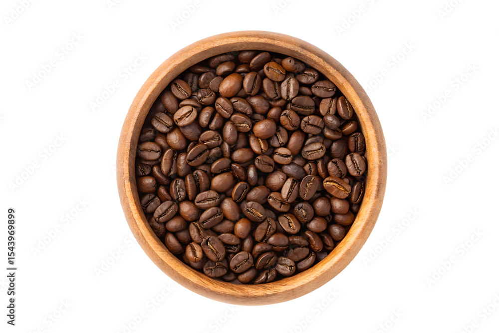 Aromatic Roasted Coffee Beans in Wooden Bowl, Top View Aromatic Roasted Coffee Beans in Wooden Bowl, Top View