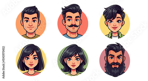 Six Diverse Cartoon Character Portraits: Smiling Men and Women with Varied Hairstyles and Facial Hair