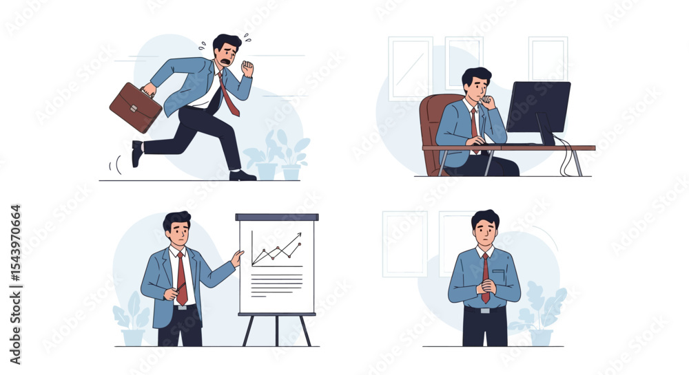Fototapeta premium Four Businessmen in Different Office Situations, Showing Stress, Work, and Presentation