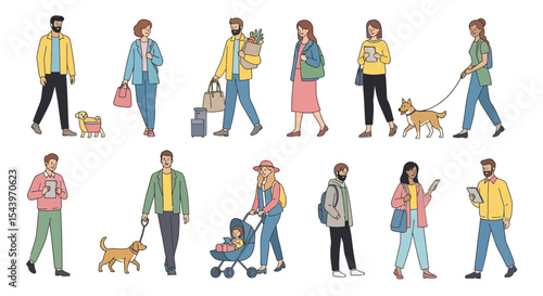 Diverse People in Various Activities: Walking, Shopping, and Using Devices