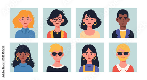 Diverse Portraits of People in Flat Style, Smiling Faces, Various Outfits