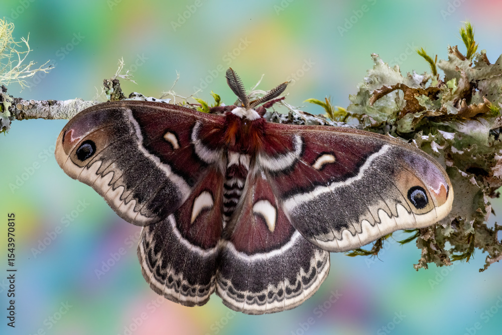 Obraz premium Silk moth on mossy branch.