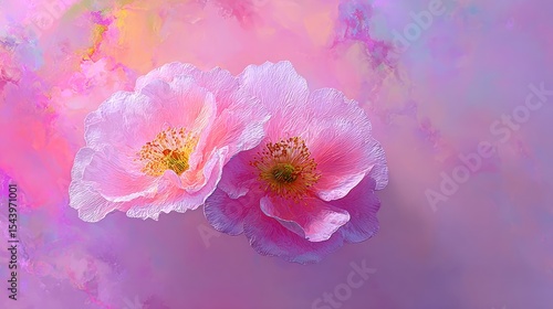 Two pink flowers with soft petals against a colorful abstract background. The scene conveys a sense of beauty and tranquility.