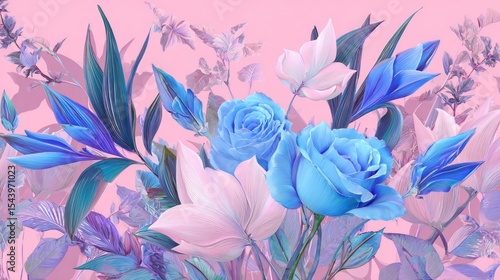 A vibrant arrangement of blue roses and white lilies against a soft pink background. The flowers are lush and detailed, showcasing their natural beauty.