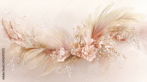 A delicate arrangement of soft pink and beige flowers with feathery accents. The composition features a gentle, ethereal aesthetic, ideal for weddings or celebrations.