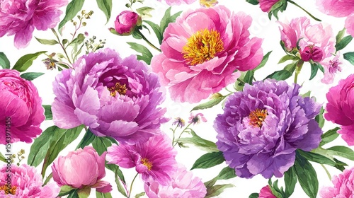 A vibrant floral pattern featuring peonies in shades of pink and purple. The flowers are surrounded by green leaves on a white background.
