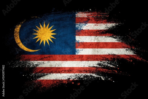 Grungy Malaysian flag with red  white stripes a crescent and a yellow star set against a black background