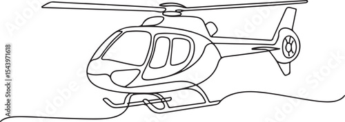 Continuous line drawing of a minimalist helicopter in side profile view with rotor and tail details

