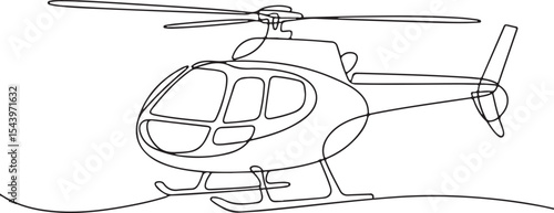 Continuous line drawing of a minimalist helicopter in side profile view with rotor and tail details

