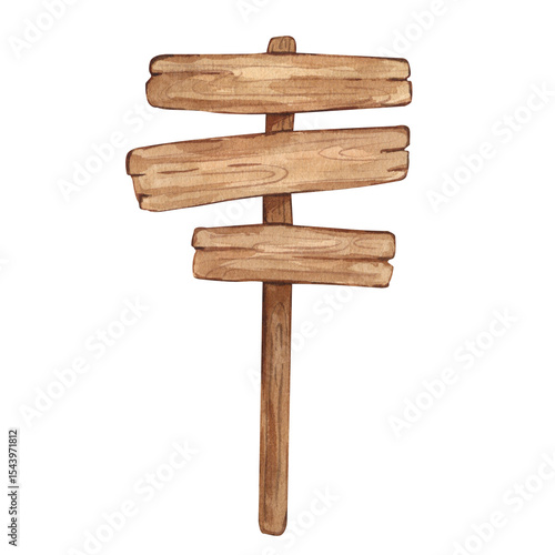 Watercolor wooden empty signboard. Blank brown wood banners, planks, board. Signs for messages for pathfinding. Hand drawn illustration isolated on white background. For any design with space for text
