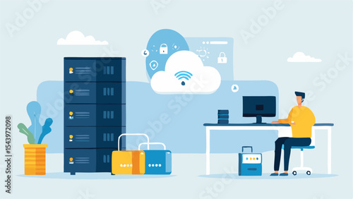 Teamwork and Cybersecurity Vector Illustration – Collaborative Workflow with Gears, Secure Data Protection, Cloud Computing, and Digital Privacy Icons for Business Technology and IT Solutions.