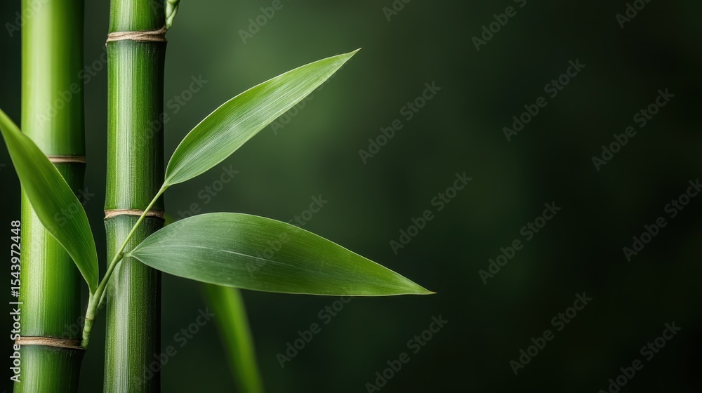 Obraz premium Minimalistic close-up of bamboo stalks and leaves against a lush dark green backdrop, emphasizing nature’s elegance and tranquility in a beautifully simplistic manner.