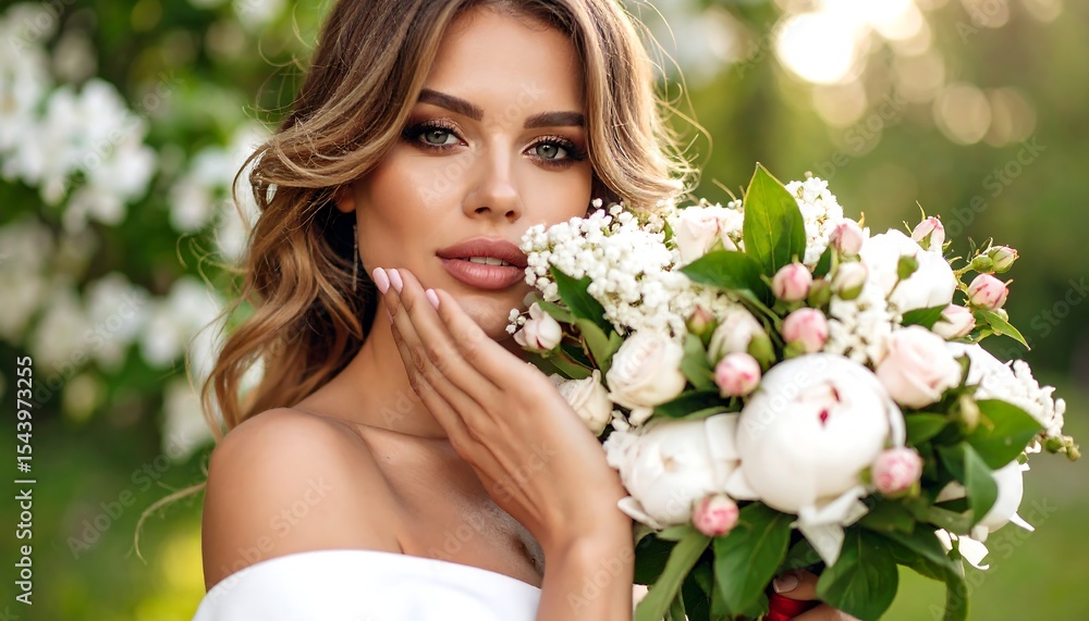 Fototapeta premium Bride with floral bouquet, and spring garden.