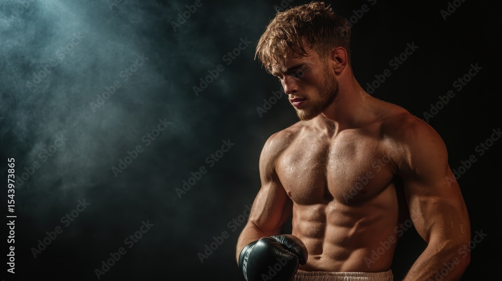 Fototapeta premium A focused young boxer stands in dramatic lighting, deep in thought, showcasing the determination, strength, and resilience required in the world of boxing and sports.