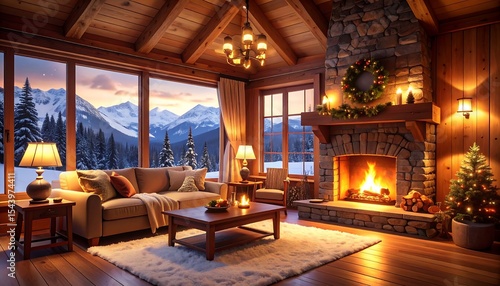 Cozy Cabin with Winter Mountain View.