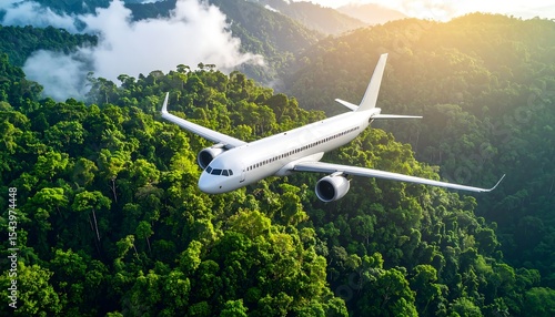 Airplane flying over lush rainforest.