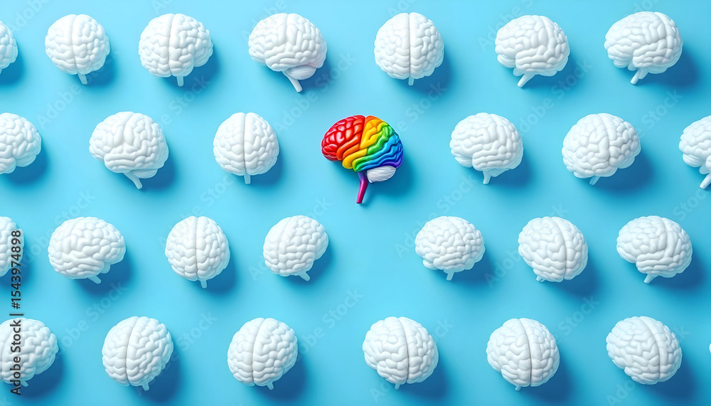 Colorful brain among white brains symbolizing neurodiversity and individuality in cognition, autism, ADHD, pride Colorful brain among white brains symbolizing neurodiversity and individuality in cognition, autism, ADHD, pride