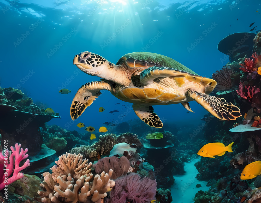 Obraz premium sea turtle swimming, ocean scene background, turtle with group of colorful fish and sea animals with colorful coral underwater in ocean
