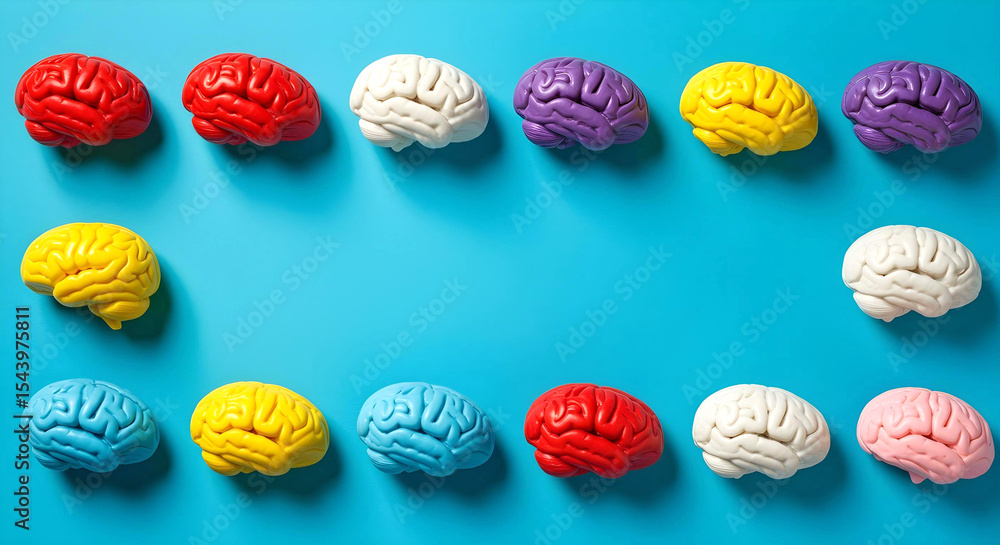 Obraz premium Multicolored brain halves on blue background symbolizing cognitive diversity and neurological balance, autism, ADHD