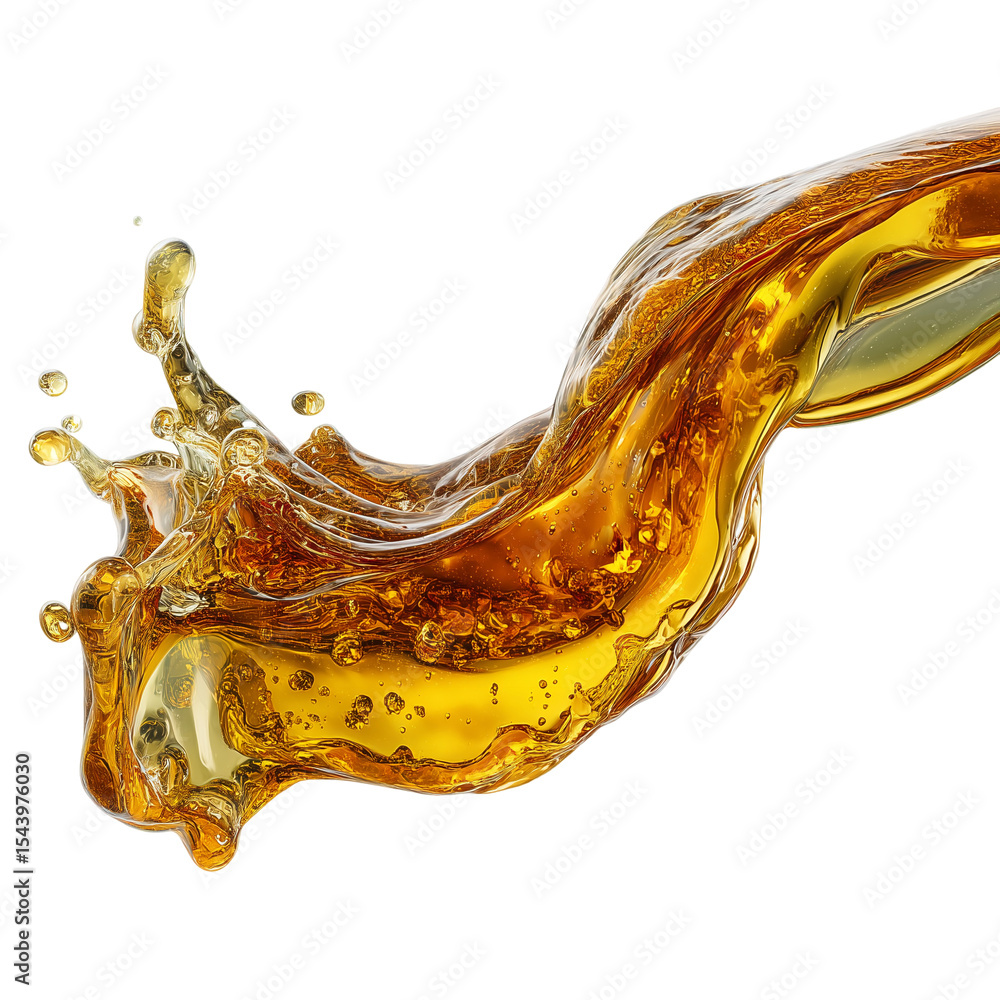 Fototapeta premium Golden liquid splash motion flow fluid design element for advertising isolated on transparent background