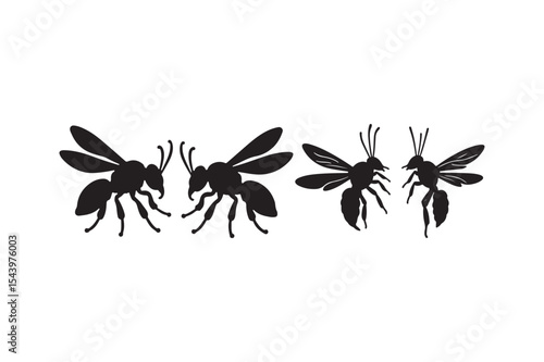 Wasp Insect Silhouette Pair Collection Black Flying Bug Vector Icons