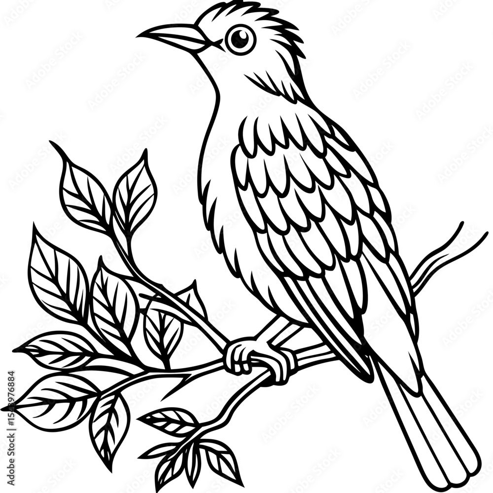 Line art bird perched on branch with leaves Line art bird perched on branch with leaves