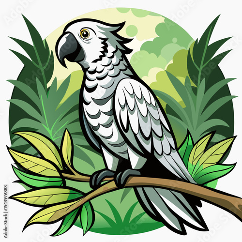 White cockatoo perched on branch in tropical setting