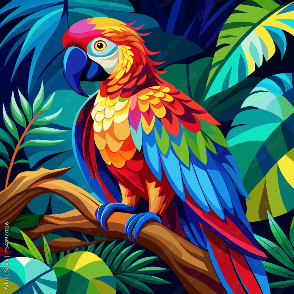 Fototapeta premium Vibrant scarlet macaw in lush tropical foliage