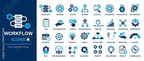 workflow icon set for startup & entrepreneur. workflow icons including progress, process, system, scheme, analysis, development, automation, chart, diagram, strategy, planning, innovation, project etc