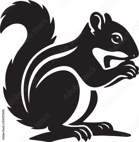 Chipmunk holding food silhouette art, Cute rodent vector black and white drawing
