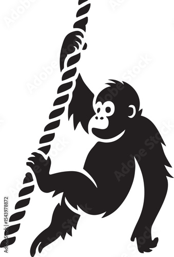 Young gorilla climbing rope silhouette, Playful ape activity vector black white