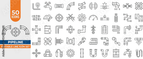 Pipeline & Plumbing Icon Set – 50 Editable Line Icons for Faucets, Taps, Valves, Oil, Gas & Water Systems. Editable Stroke. Vector illustration.