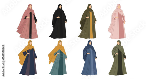 Collection of Colorful Abayas with Hijabs, Traditional Islamic Women's Clothing